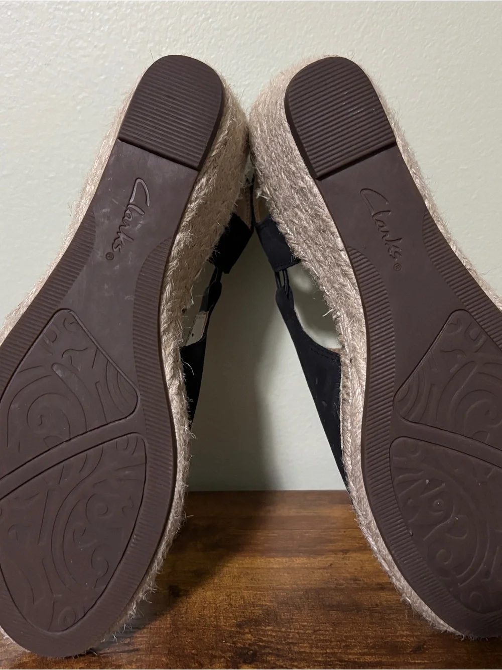 Clarks Black Perforated Espadrille Slingback Wedge